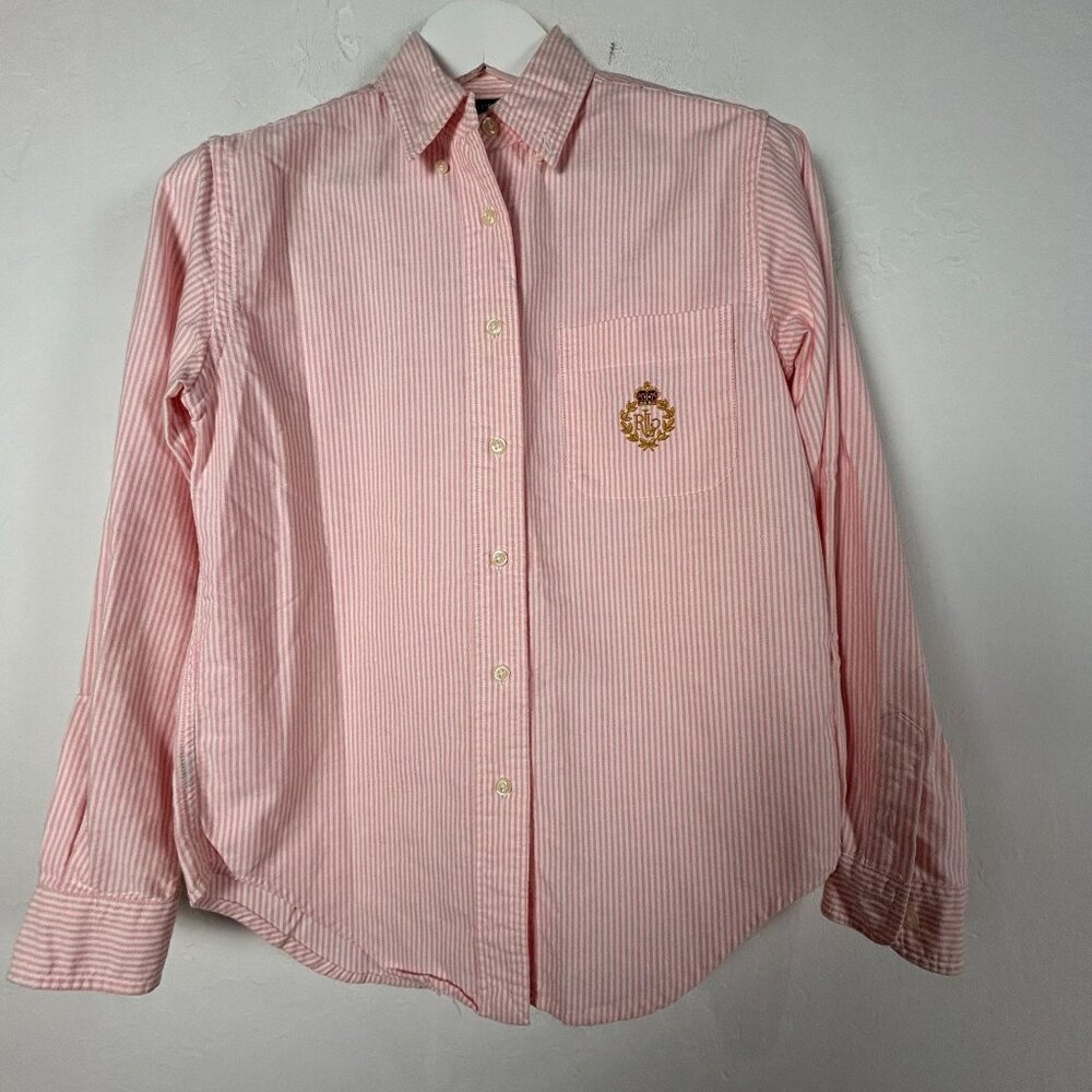 Lauren Ralph Lauren Women Petite Pink & White Striped Button-Up Shirt Crest Logo